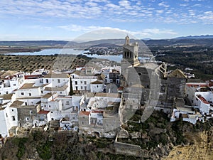 aerial view of the pretty white village of Arcos de la Frontera in the province of Cadiz, Andalusia.