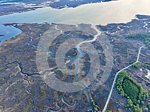 Aerial view of Princess Anne, Maryland with marshlands and waterways