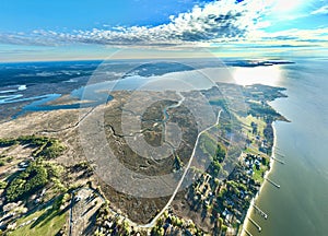 Aerial view of Princess Anne, Maryland with marshlands and waterways