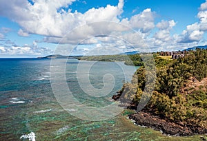 Aerial view of Princeville coastline on Kauai photo