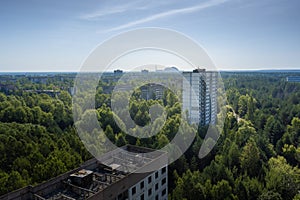 Aerial view of Pripyat  with Chernobyl Nuclear Power Plant Reactor 4 - Pripyat, Chernobyl Exclusion Zone, Ukraine