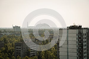 Aerial view of Pripyat with Chernobyl Nuclear Power Plant Reactor 4 - Pripyat, Chernobyl Exclusion Zone, Ukraine