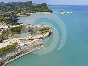 Aerial view of the promontory of Sidari in the northern part of the island of Corfu, Greece. Canal D`Amour cliffs