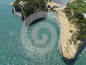Aerial view of the promontory of Sidari in the northern part of the island of Corfu, Greece. Canal D`Amour cliffs