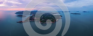 Aerial view of Promthep Cape viewpoint at sunset with Andaman sea in Phuket Island, tourist attraction in Thailand in travel trip