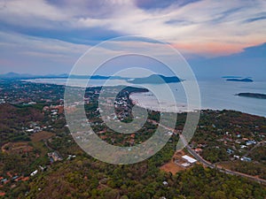 Aerial view of Promthep Cape viewpoint at sunset with Andaman sea in Phuket Island, tourist attraction in Thailand in travel trip