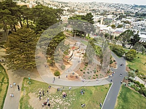 Aerial view public colorful playground near street intersection