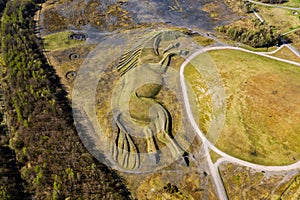 Aerial view of a public earthwork of a pit pony above a closed coal mine photo