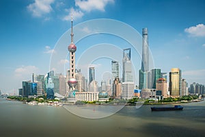 Aerial view of Pudong skyline with Oriental Pearl tower and Lujiazui Business district skyscraper with Huangpu river in Shanghai,