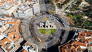 Aerial view of the Puerta de AlcalÃÂ¡, Neo-classical monument in the Plaza de la Independencia in Madrid, Spain.One of Madrid photo