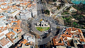 Aerial view of the Puerta de AlcalÃÂ¡, Neo-classical monument in the Plaza de la Independencia in Madrid, Spain. photo