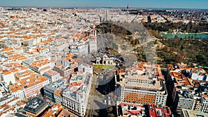 Aerial view of the Puerta de AlcalÃÂ¡, Neo-classical monument in the Plaza de la Independencia in Madrid, Spain. photo