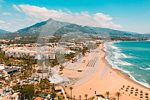 Aerial view of Puerto Banus located along the Costa del Sol. Marbella, Spain, 04.05.2021