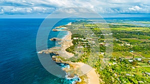 Aerial view of Puerto Rico. Faro Los Morrillos de Cabo Rojo. Playa Sucia beach and Salt lakes in Punta Jaguey.