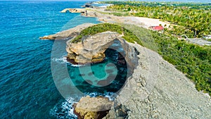 Aerial view of Puerto Rico. Faro Los Morrillos de Cabo Rojo. Playa Sucia beach and Salt lakes in Punta Jaguey.