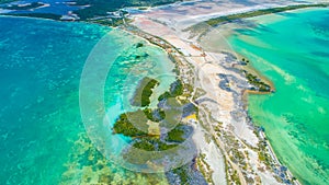 Aerial view of Puerto Rico. Faro Los Morrillos de Cabo Rojo. Playa Sucia beach and Salt lakes in Punta Jaguey.