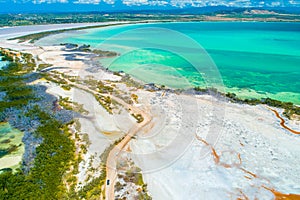 Aerial view of Puerto Rico. Faro Los Morrillos de Cabo Rojo. Playa Sucia beach and Salt lakes in Punta Jaguey.