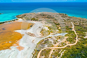 Aerial view of Puerto Rico. Faro Los Morrillos de Cabo Rojo. Playa Sucia beach and Salt lakes in Punta Jaguey.