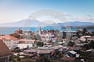 Aerial view of Puerto Varas with Sacred Heart Church and Osorno Volcano - Puerto Varas, Chile