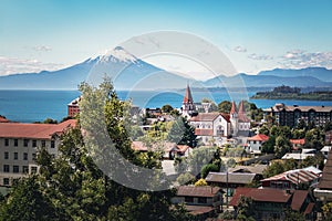 Aerial view of Puerto Varas with Sacred Heart Church and Osorno Volcano - Puerto Varas, Chile