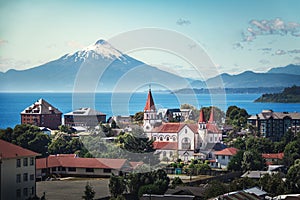 Aerial view of Puerto Varas with Sacred Heart Church and Osorno Volcano - Puerto Varas, Chile