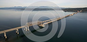 Aerial View Puget Sound Hood Canal Floating Bridge Crossing Olympic Mountains