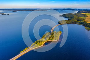 Aerial view of Pulkkilanharju Ridge, Paijanne National Park, southern part of Lake Paijanne. Landscape with drone. Blue