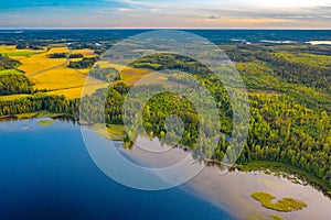 Aerial view of Pulkkilanharju Ridge, Paijanne National Park, southern part of Lake Paijanne. Landscape with drone. Blue