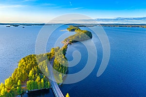 Aerial view of Pulkkilanharju Ridge, Paijanne National Park, southern part of Lake Paijanne. Landscape with drone. Blue lakes,
