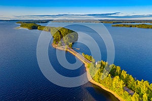 Aerial view of Pulkkilanharju Ridge, Paijanne National Park, southern part of Lake Paijanne. Landscape with drone. Blue lakes,