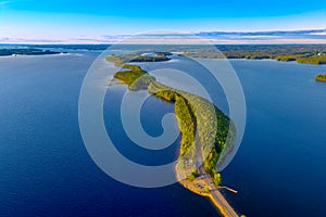 Aerial view of Pulkkilanharju Ridge, Paijanne National Park, southern part of Lake Paijanne. Landscape with drone. Blue lakes,