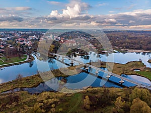Aerial view of Pultusk city by river Narew