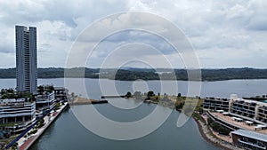 Aerial view Puteri Harbour with a view to Singapore, Johor Bahru, Malaysia