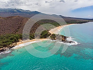 Aerial view at Puu Olai cinder cone, Little and Big beach of Makena state park photo