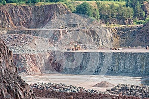 Aerial view of quarry mine. Earth mover and other machinery