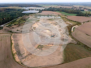 Aerial view of a quarry - stones and sands for construction, open pit mine, extractive industry