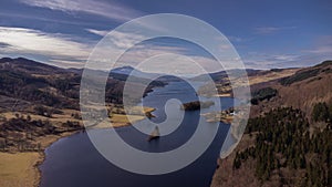 aerial view of Queens View, Loch Tummel, Scotland, featuring a river cascading through green fields