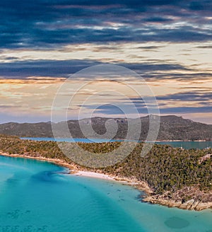 Aerial view of Queensland beaches, Australia. Whitsunday Islands Archipelago on a sunny day