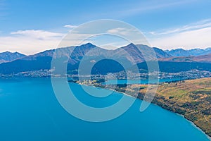 Aerial view of Queenstown at lake Wakatipu in New Zealand