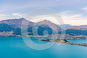 Aerial view of Queenstown at lake Wakatipu in New Zealand