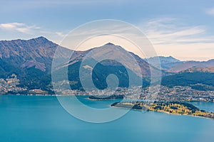 Aerial view of Queenstown at lake Wakatipu in New Zealand