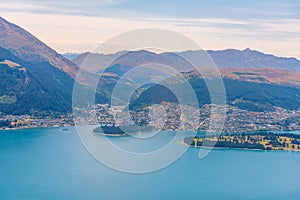 Aerial view of Queenstown at lake Wakatipu in New Zealand