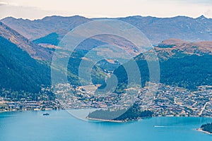 Aerial view of Queenstown at lake Wakatipu in New Zealand