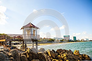 Aerial view of Quy Nhon beach with curved shore line in Binh Dinh province, Vietnam.