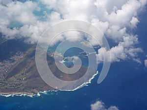 Aerial view of Rabbit and, Rock Islands, Makapuu, Sea Life Park, clouds and Pacific Ocean