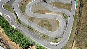 Aerial view race kart track with karting cars