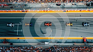 Aerial view of racing car driving car at race track with smart spectator. AIG42.