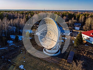 Aerial view of radio telescope satellite dish, Pushino, Moscow region