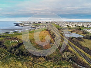 Aerial view on rail road to Galway city, Ireland.