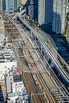 Aerial view of rail tracks in Tokyo, Japan